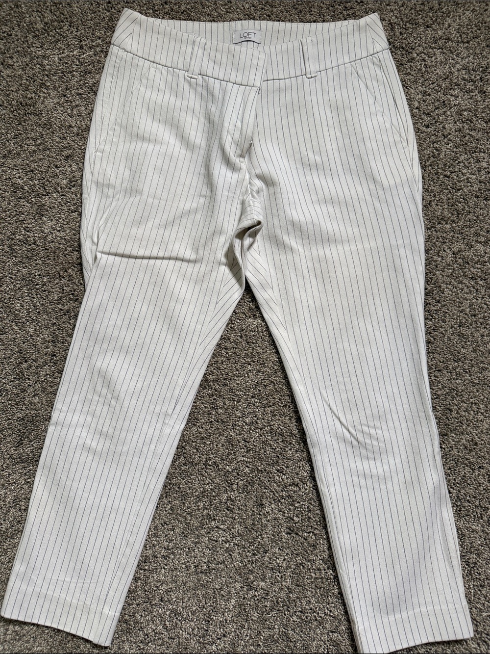 LOFT Cream Pinstripe Skinny Ankle Pants